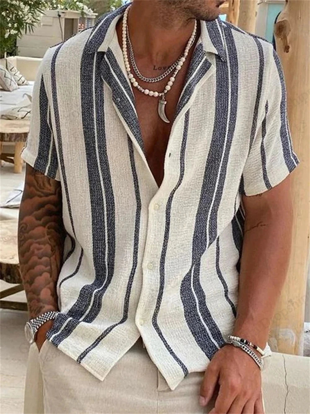 Men's Hawaiian Striped 3D Print Shirt Vacation Tops Short Sleeve Button Single Breasted Beach Shirt Lapel Men Blouse Breathable
