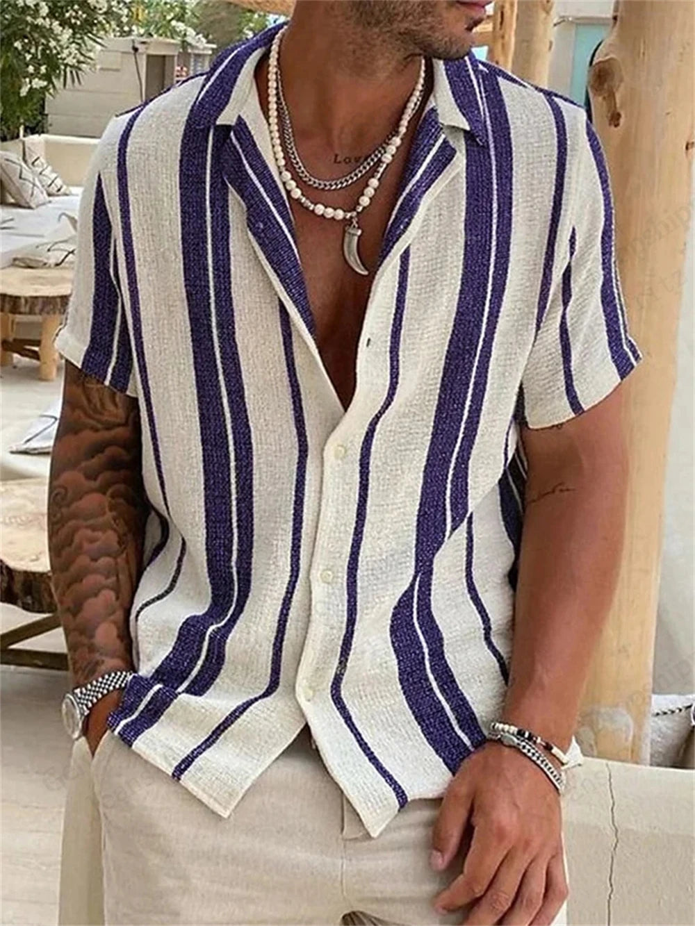 Men's Hawaiian Striped 3D Print Shirt Vacation Tops Short Sleeve Button Single Breasted Beach Shirt Lapel Men Blouse Breathable