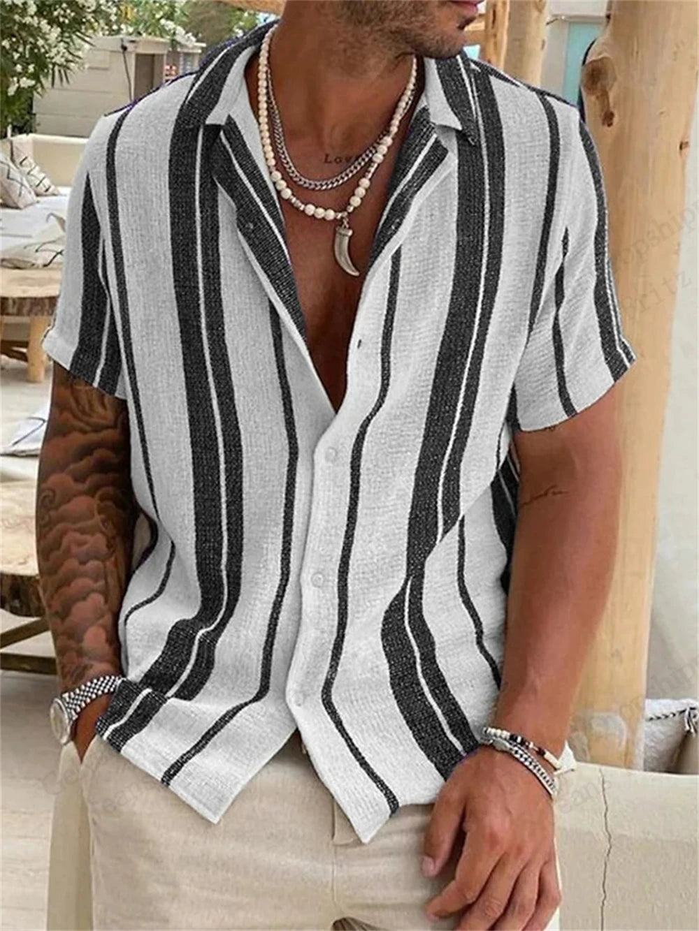 Men's Hawaiian Striped 3D Print Shirt Vacation Tops Short Sleeve Button Single Breasted Beach Shirt Lapel Men Blouse Breathable