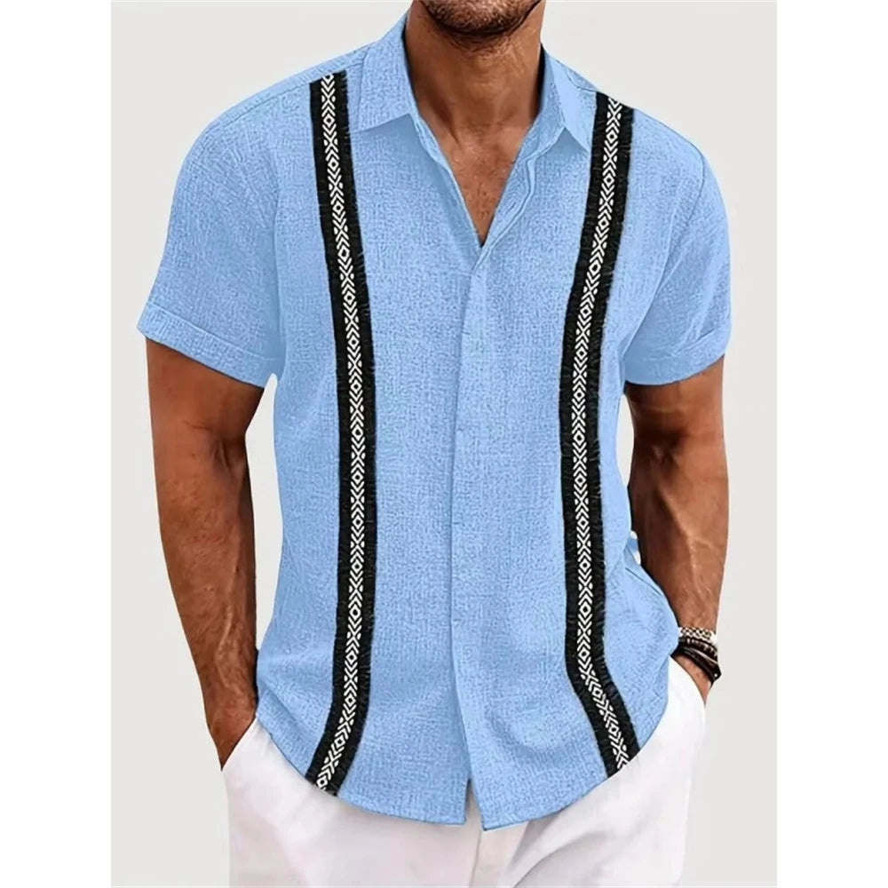 Men's Hawaiian Striped 3D Print Shirt Vacation Tops Short Sleeve Button Single Breasted Beach Shirt Lapel Men Blouse Breathable