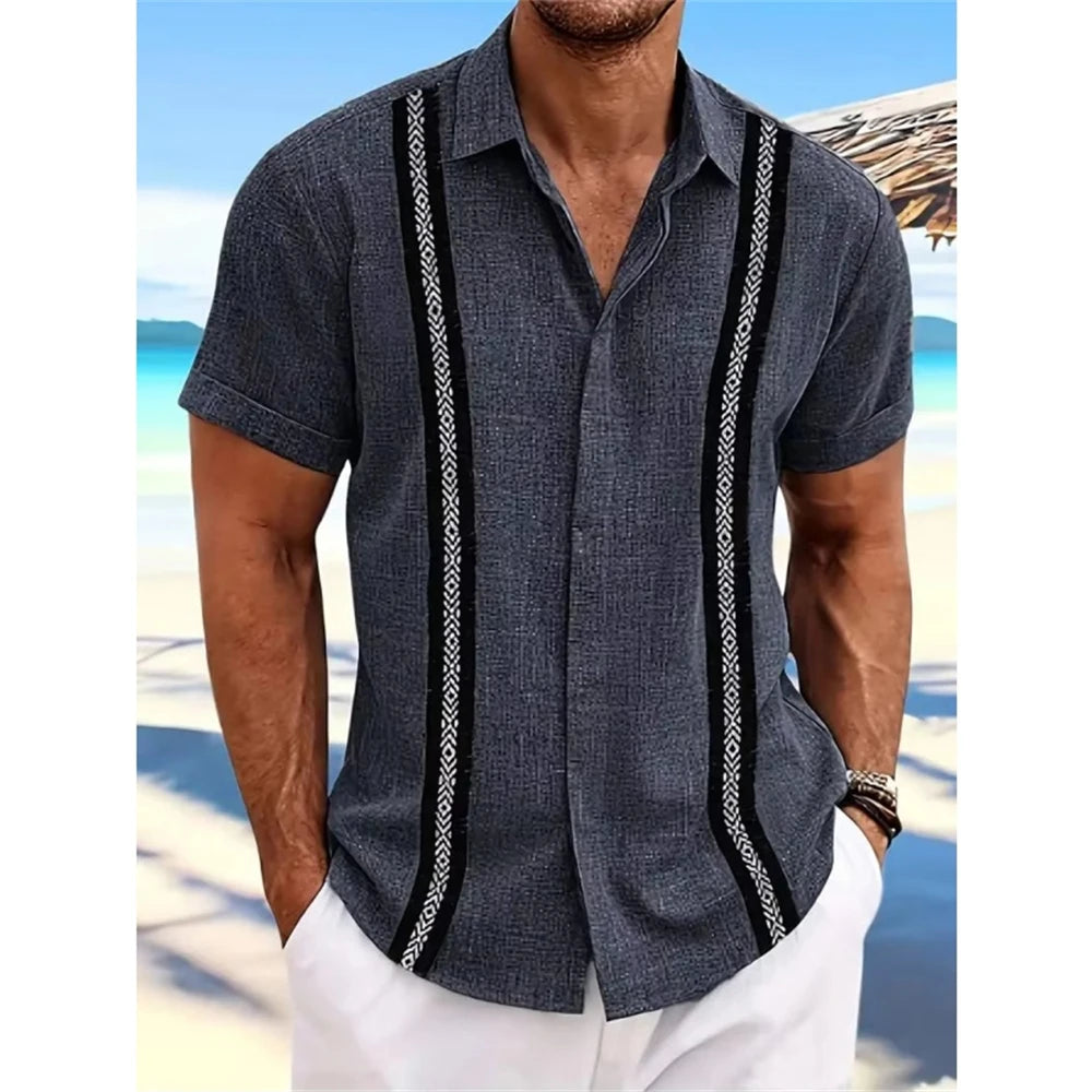 Men's Hawaiian Striped 3D Print Shirt Vacation Tops Short Sleeve Button Single Breasted Beach Shirt Lapel Men Blouse Breathable
