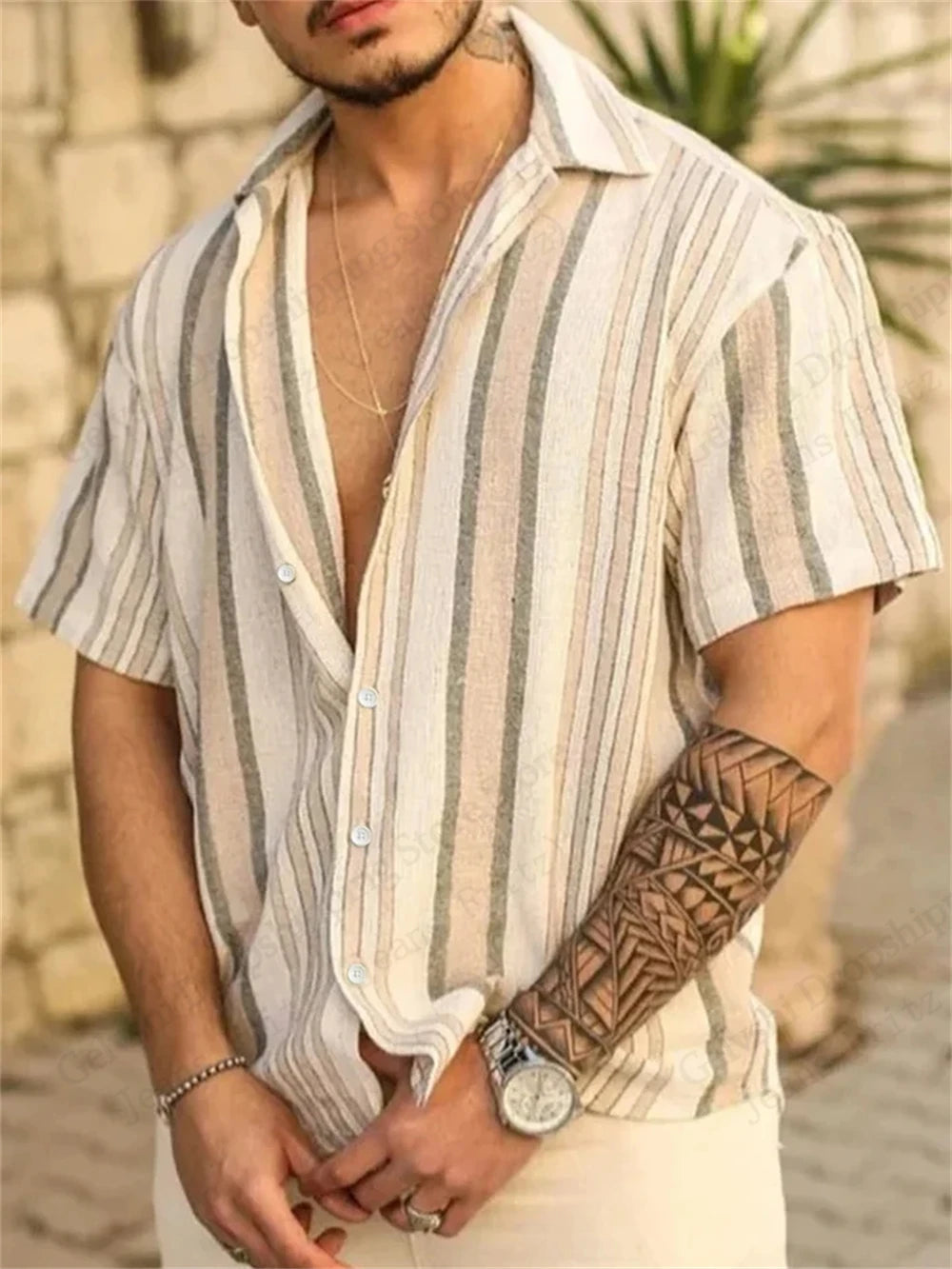 Men's Hawaiian Striped 3D Print Shirt Vacation Tops Short Sleeve Button Single Breasted Beach Shirt Lapel Men Blouse Breathable