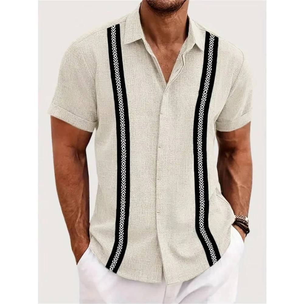 Men's Hawaiian Striped 3D Print Shirt Vacation Tops Short Sleeve Button Single Breasted Beach Shirt Lapel Men Blouse Breathable