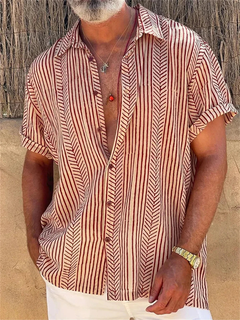 Men's Hawaiian Striped 3D Print Shirt Vacation Tops Short Sleeve Button Single Breasted Beach Shirt Lapel Men Blouse Breathable