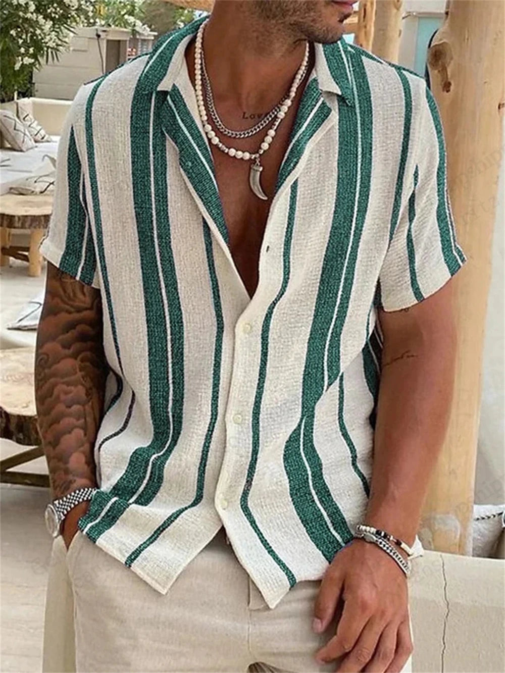 Men's Hawaiian Striped 3D Print Shirt Vacation Tops Short Sleeve Button Single Breasted Beach Shirt Lapel Men Blouse Breathable