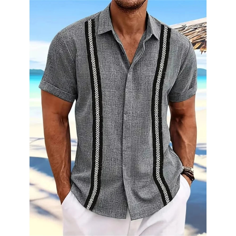 Men's Hawaiian Striped 3D Print Shirt Vacation Tops Short Sleeve Button Single Breasted Beach Shirt Lapel Men Blouse Breathable